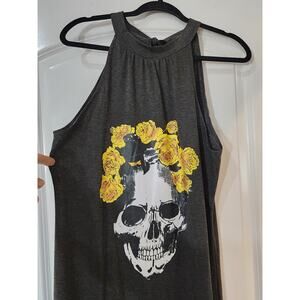 Skull Roses Maxi Dress Halterneck Punk Goth Sleeveless Side Slit Womens Small